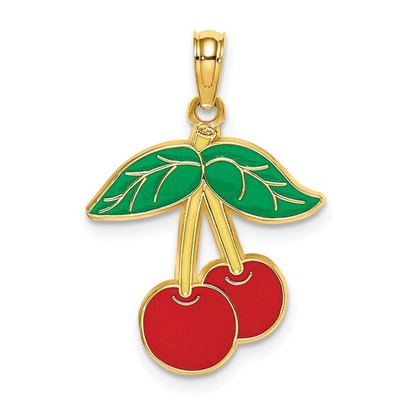 14k Yellow Gold Cherries With Enamel Leaf Charm